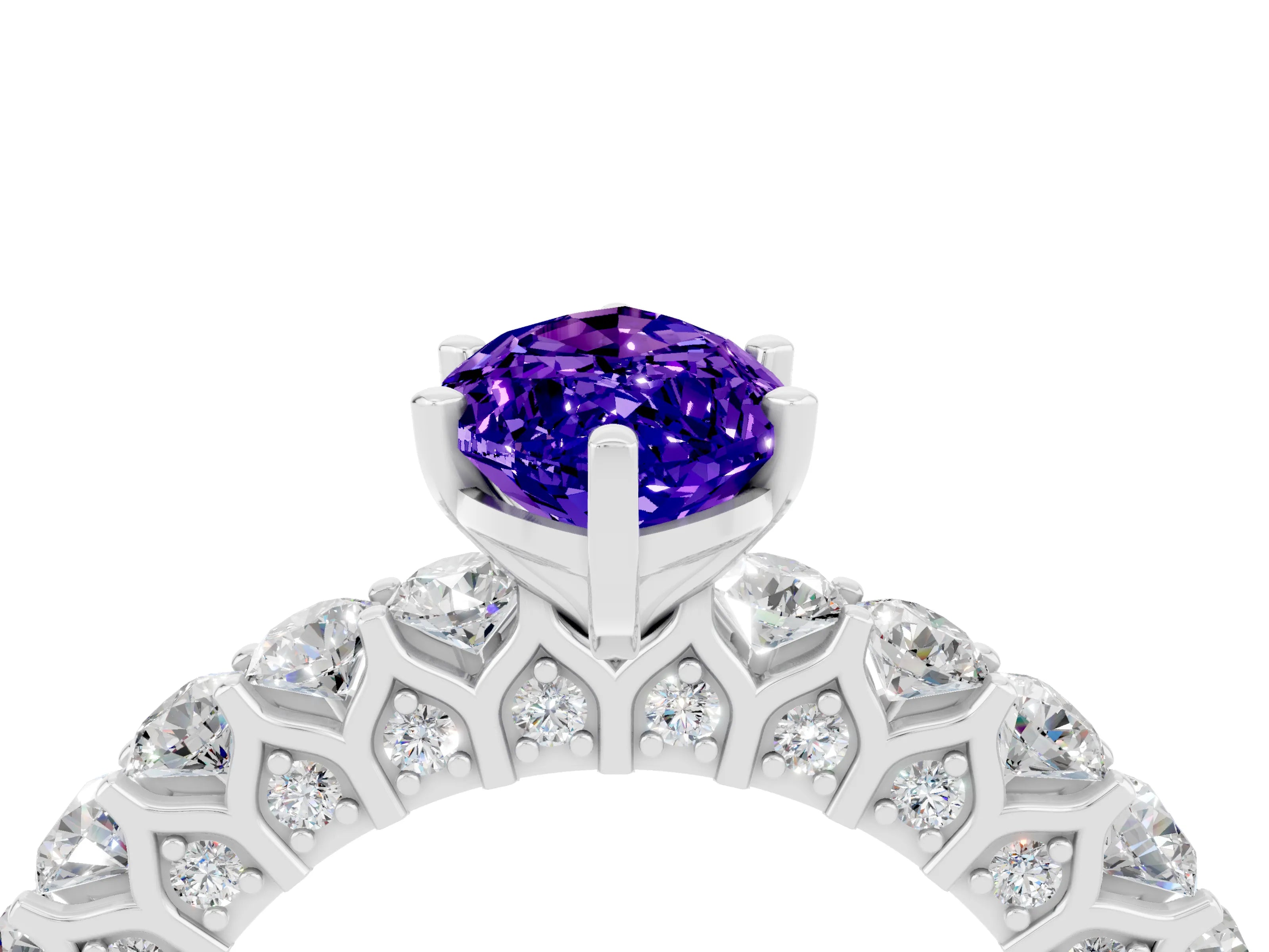 White gold Marquise Cut Tanzanite Solitaire Ring with Shared Prong Pavé Band and Four-Prong Setting_4
