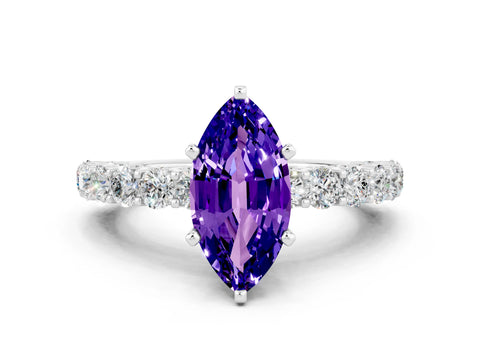 White gold Marquise Cut Tanzanite Solitaire Ring with Shared Prong Pavé Band and Four-Prong Setting