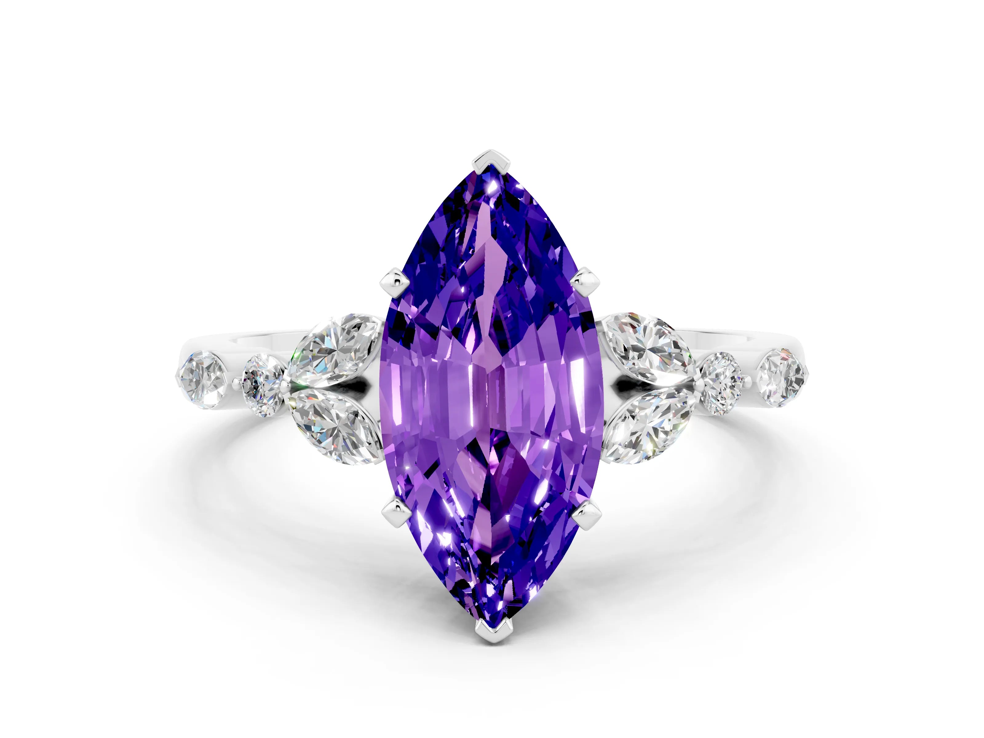 White gold Marquise Cut Tanzanite Solitaire Ring with Side Stones and Four-Prong Setting_12