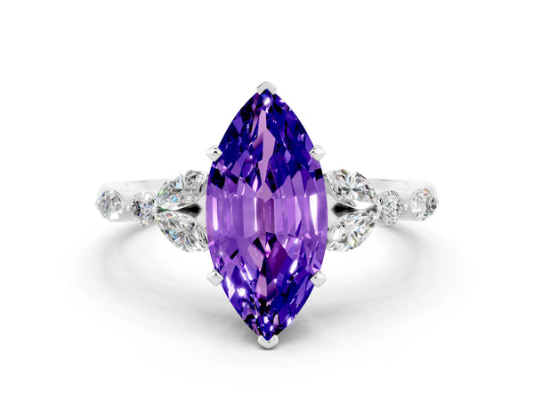 Platinum Marquise Cut Tanzanite Solitaire Ring with Side Stones and Four-Prong Setting