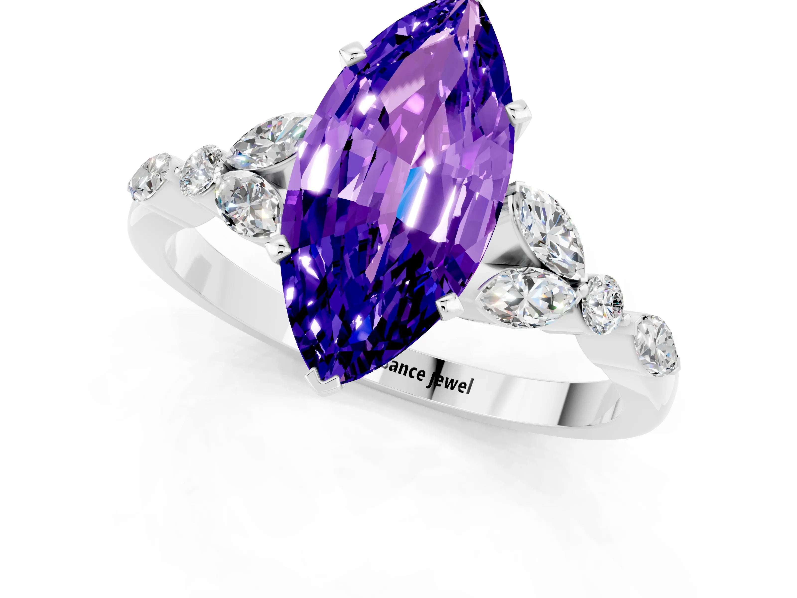 White gold Marquise Cut Tanzanite Solitaire Ring with Side Stones and Four-Prong Setting_13