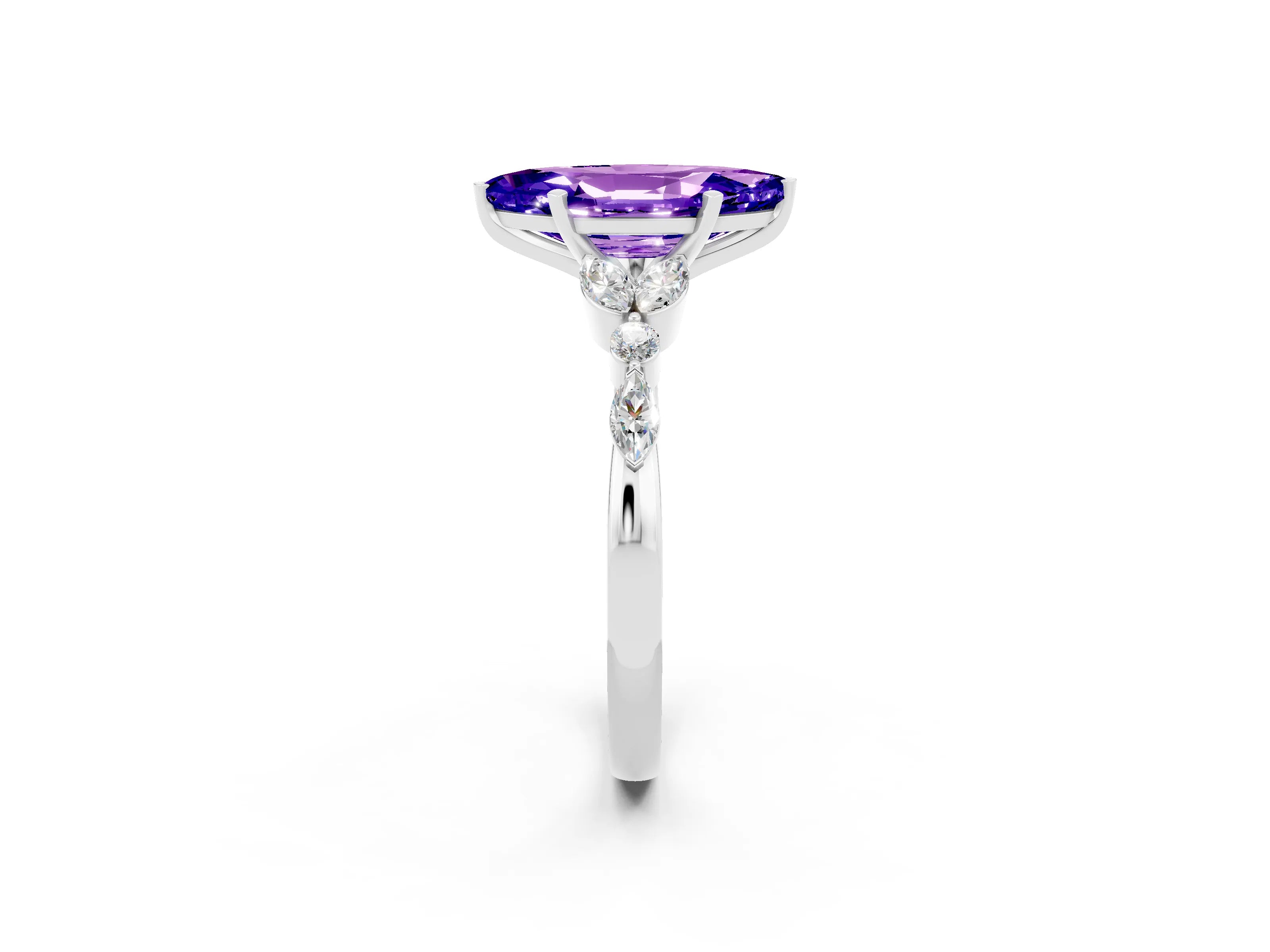 White gold Marquise Cut Tanzanite Solitaire Ring with Side Stones and Four-Prong Setting_14