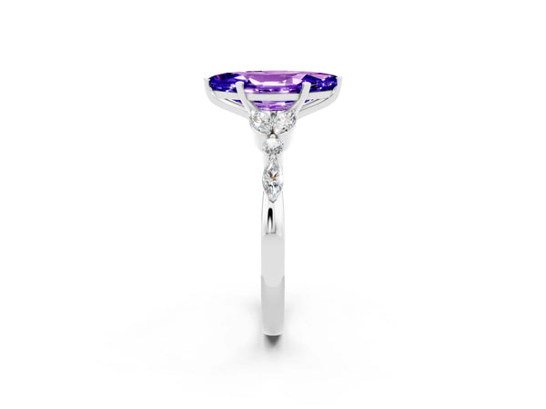 White gold Marquise Cut Tanzanite Solitaire Ring with Side Stones and Four-Prong Setting