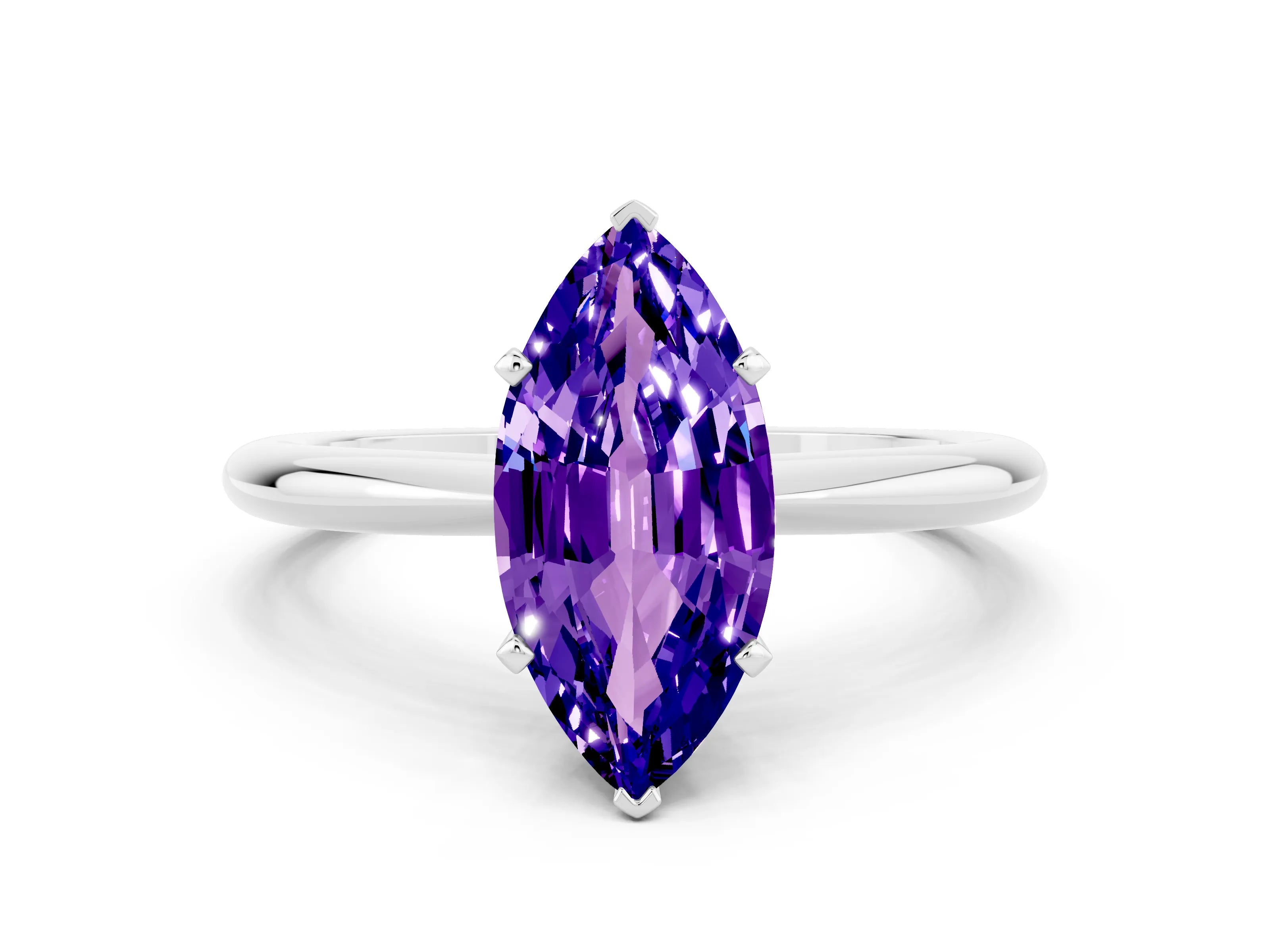 White gold Marquise Cut Tanzanite Solitaire Ring with Six-Prong Setting and Classic Band