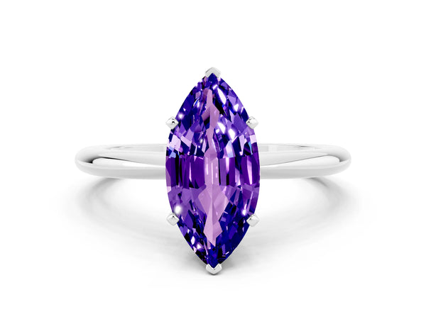 White gold Marquise Cut Tanzanite Solitaire Ring with Six-Prong Setting and Classic Band