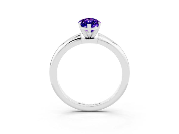 Silver Marquise Cut Tanzanite Solitaire Ring with Six-Prong Setting and Classic Band