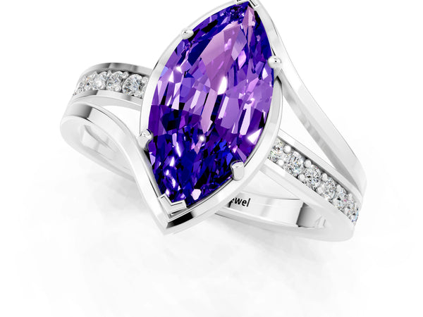 Platinum Marquise Cut Tanzanite Solitaire Ring with Split Shank and Prong Setting