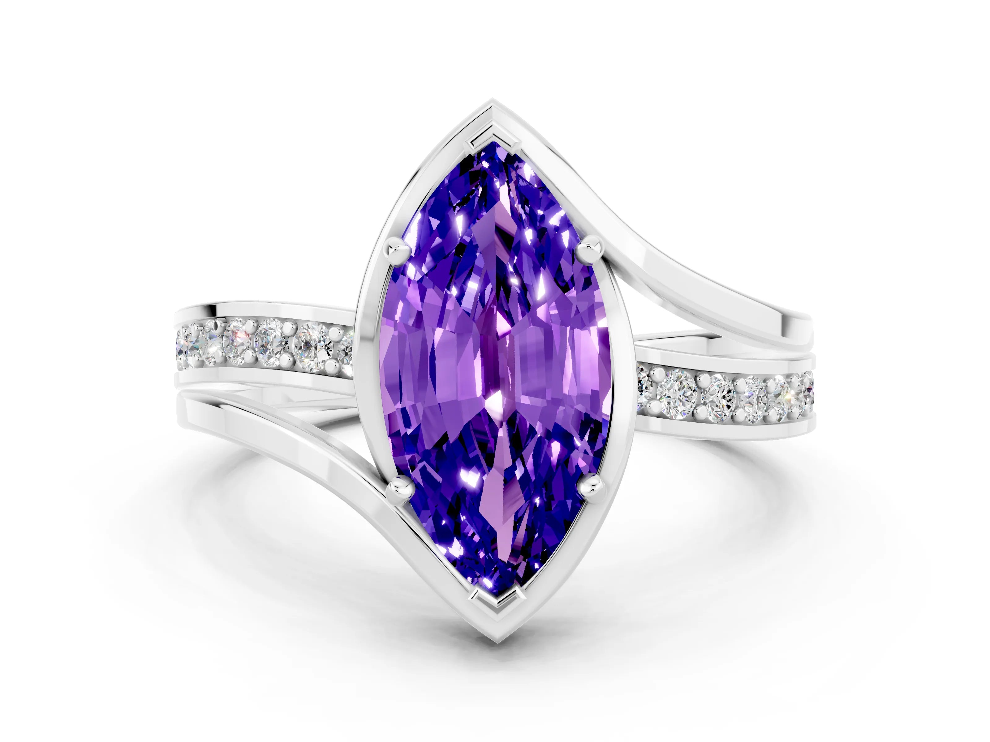 White gold Marquise Cut Tanzanite Solitaire Ring with Split Shank and Prong Setting