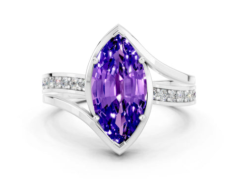 White gold Marquise Cut Tanzanite Solitaire Ring with Split Shank and Prong Setting