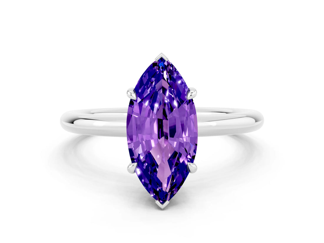 White gold Marquise Cut Tanzanite Solitaire Ring with Thin Band and Four-Prong Setting_12