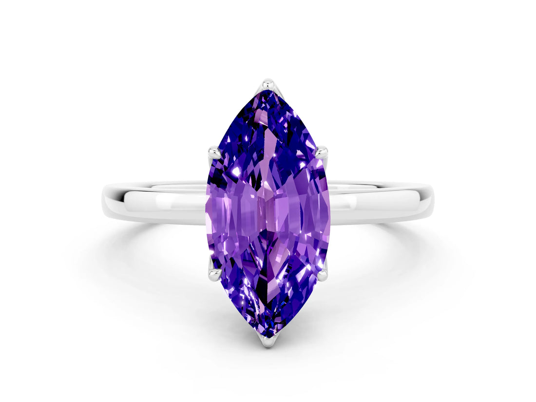 White gold Marquise Cut Tanzanite Solitaire Ring with Thin Band and Prong Setting_12