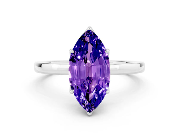 White gold Marquise Cut Tanzanite Solitaire Ring with Thin Band and Prong Setting