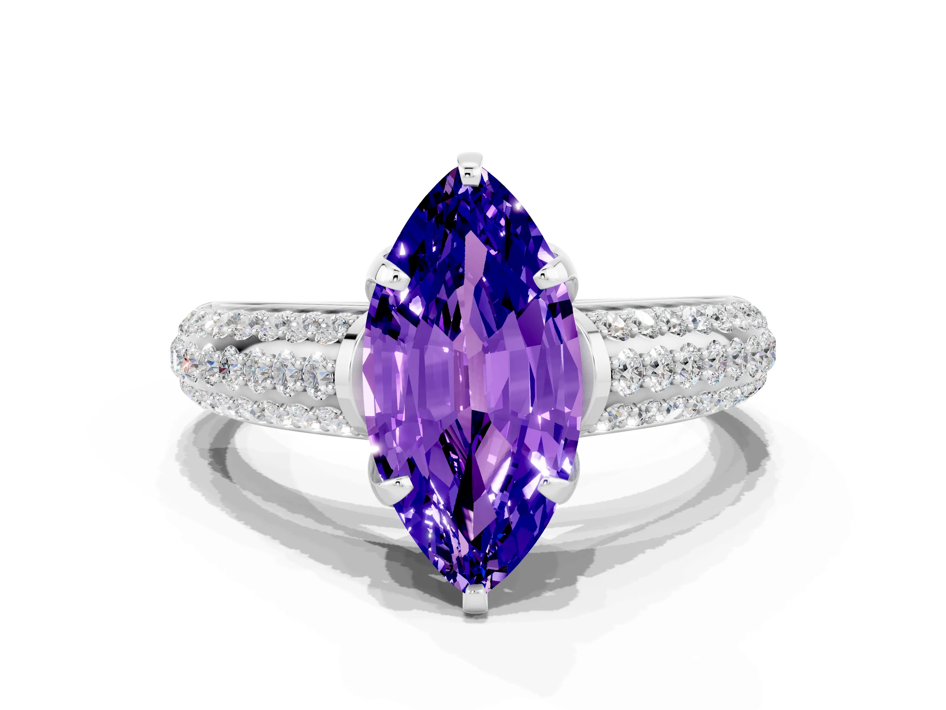White gold Marquise Cut Tanzanite Solitaire Ring with Three-Row Pavé Band and Four-Prong Setting_12