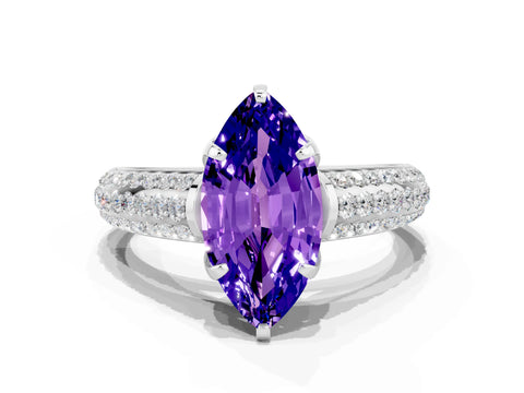 White gold Marquise Cut Tanzanite Solitaire Ring with Three-Row Pavé Band and Four-Prong Setting_12