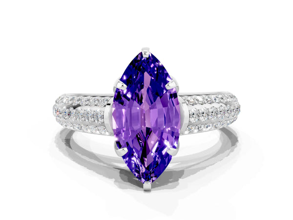 Silver Marquise Cut Tanzanite Solitaire Ring with Three-Row Pavé Band and Four-Prong Setting