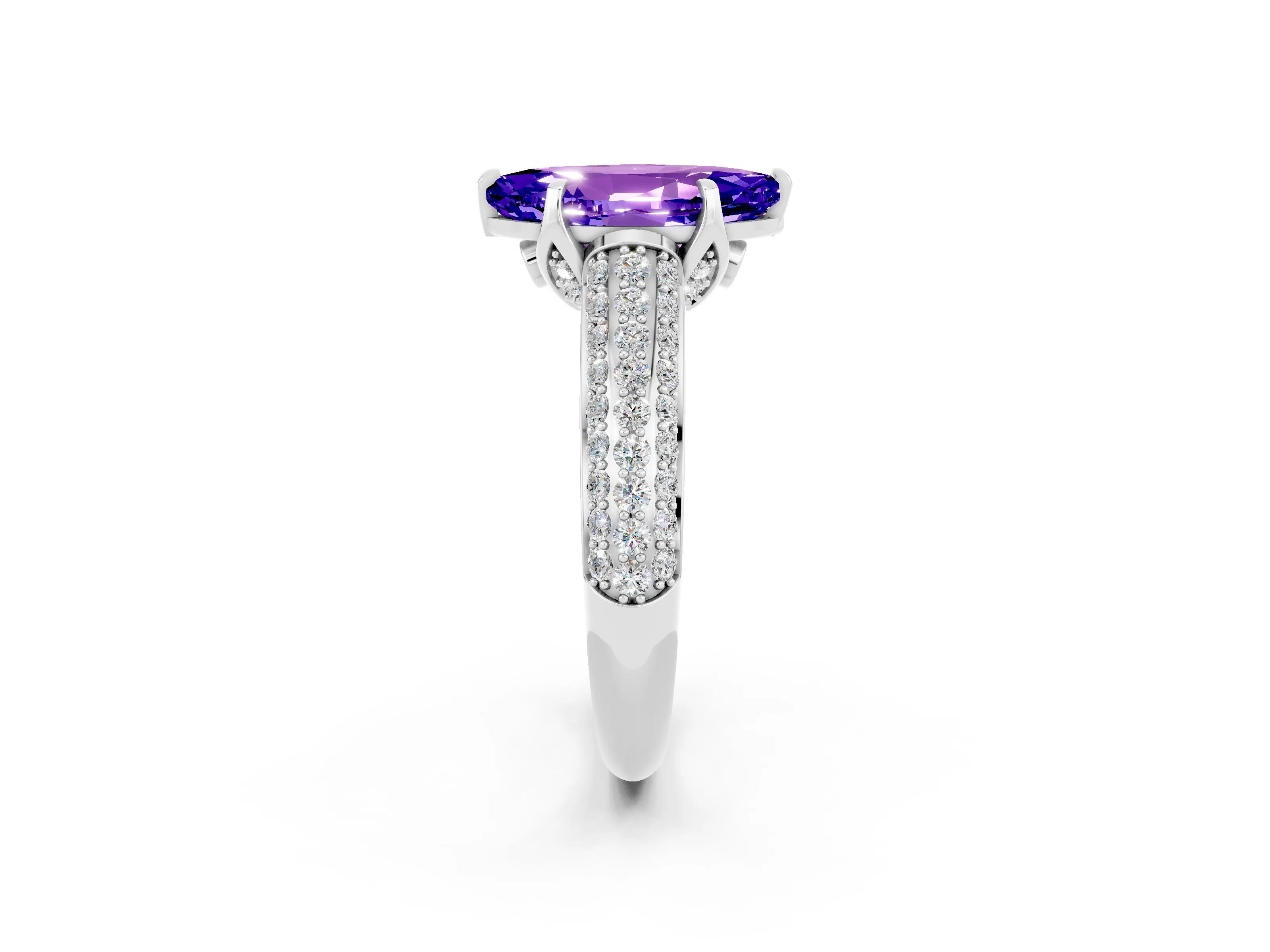White gold Marquise Cut Tanzanite Solitaire Ring with Three-Row Pavé Band and Four-Prong Setting_14