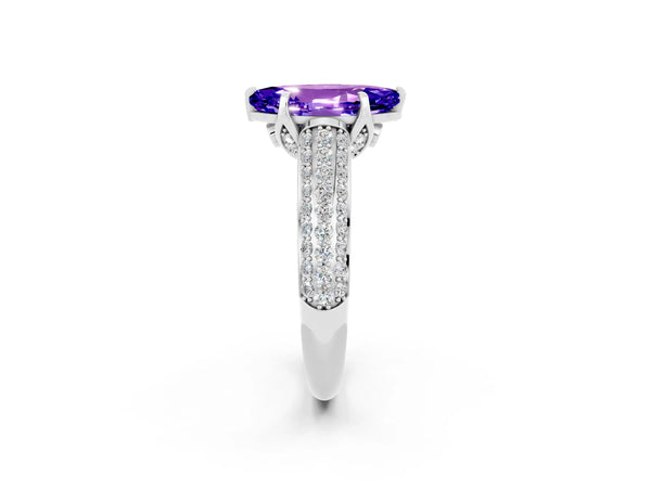 Silver Marquise Cut Tanzanite Solitaire Ring with Three-Row Pavé Band and Four-Prong Setting