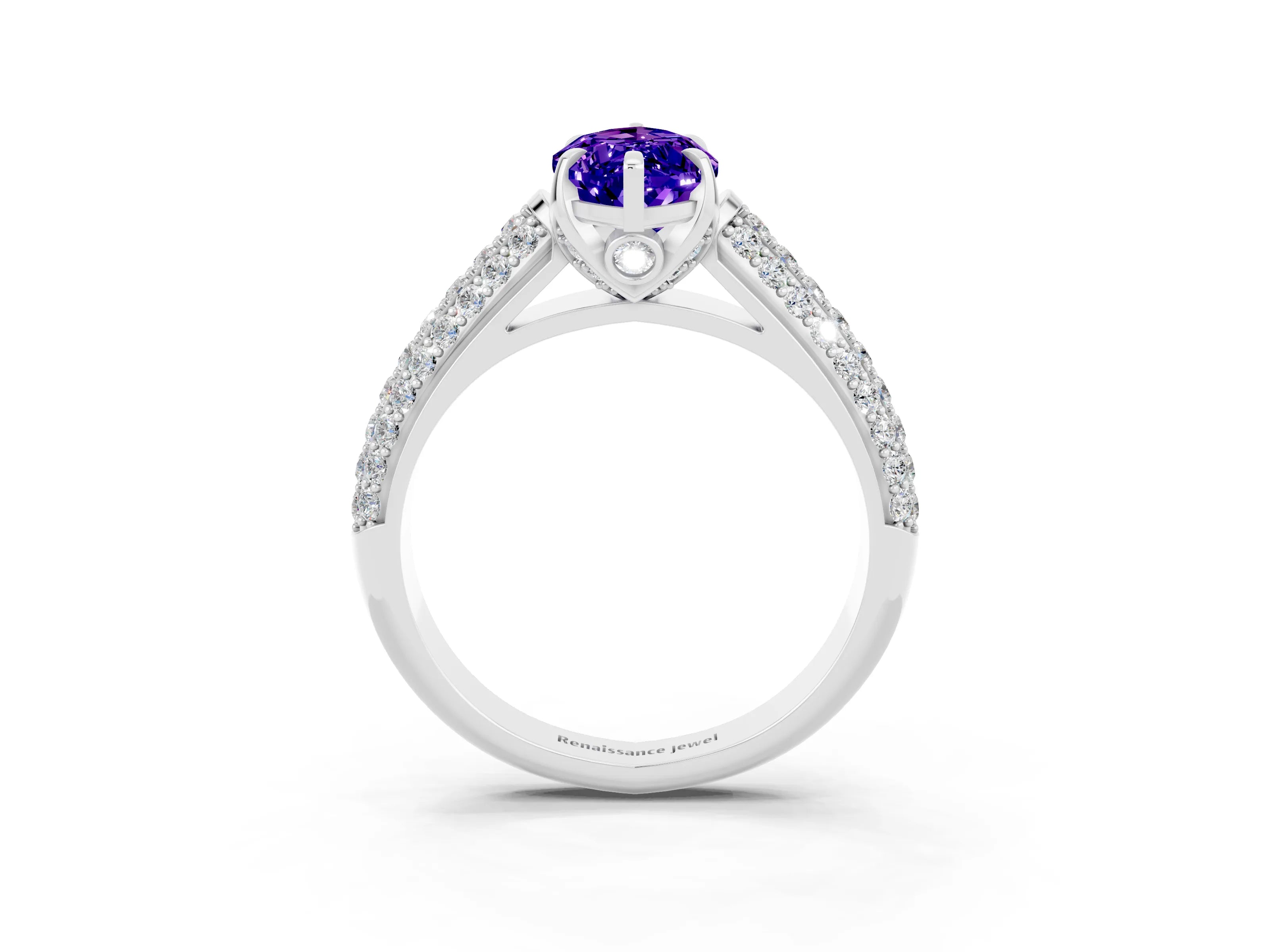 White gold Marquise Cut Tanzanite Solitaire Ring with Three-Row Pavé Band and Four-Prong Setting_15
