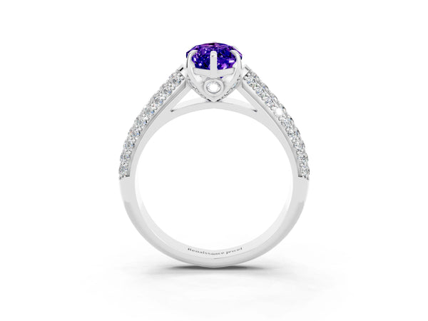 Platinum Marquise Cut Tanzanite Solitaire Ring with Three-Row Pavé Band and Four-Prong Setting