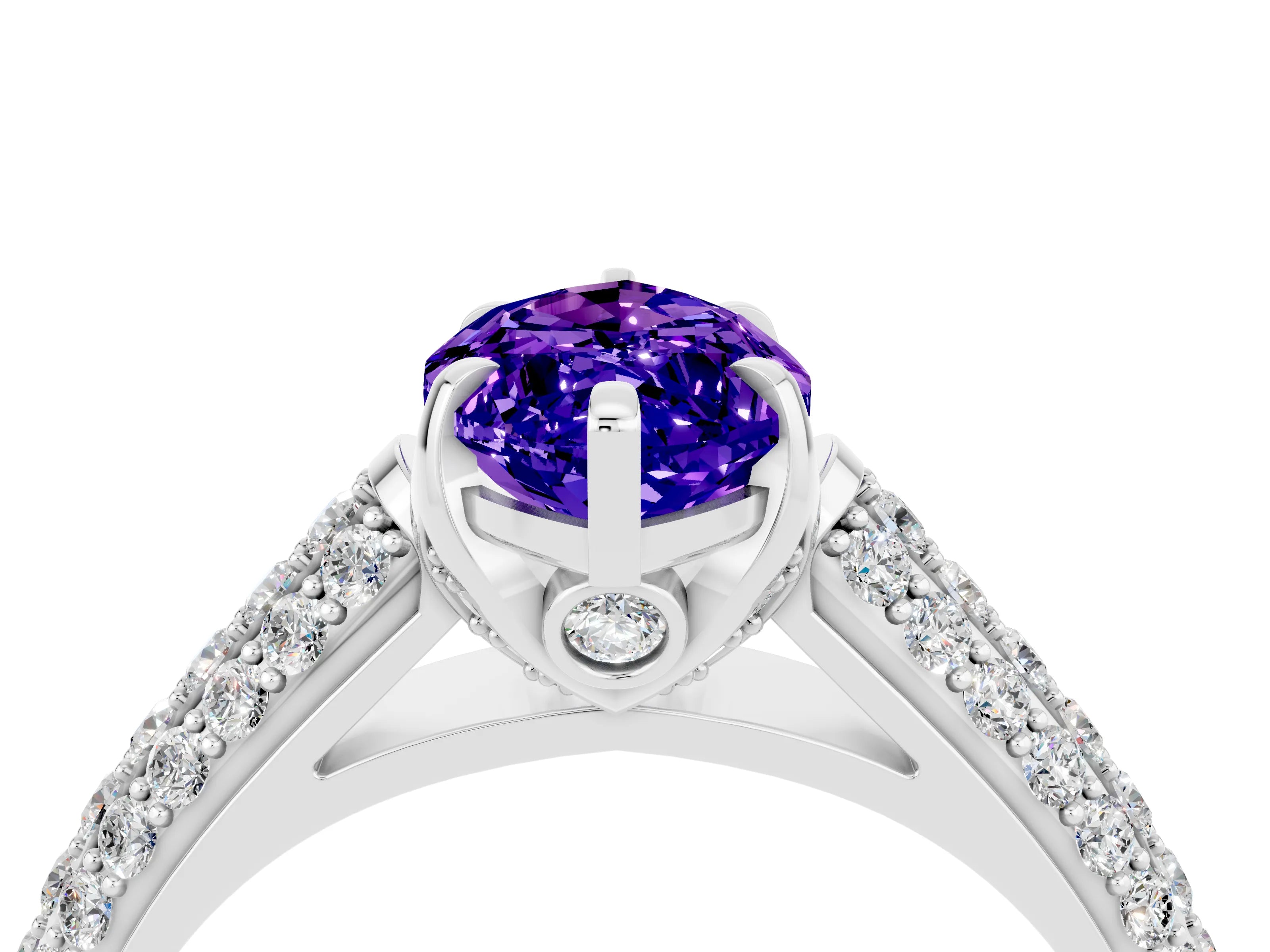 White gold Marquise Cut Tanzanite Solitaire Ring with Three-Row Pavé Band and Four-Prong Setting_16