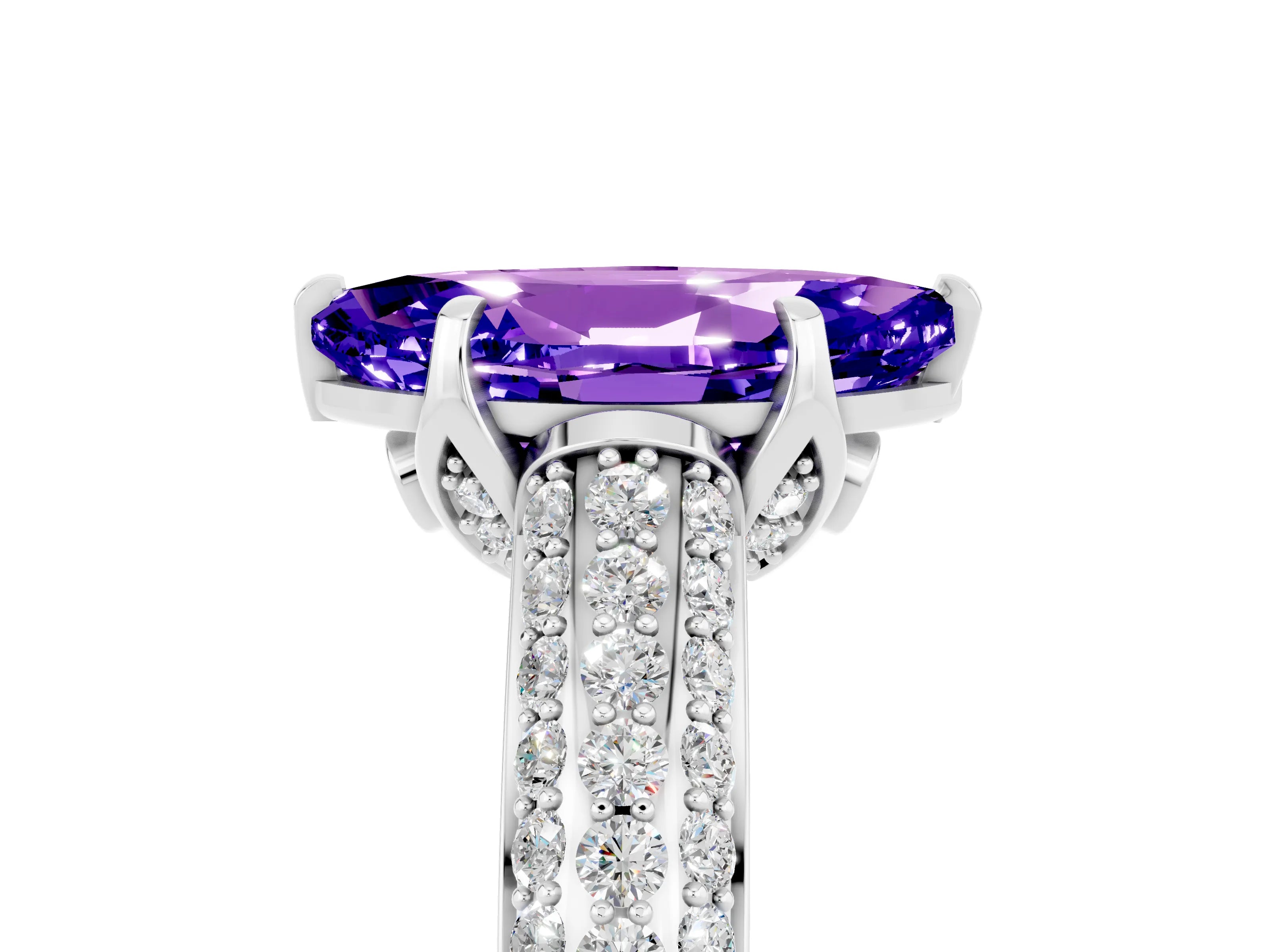 White gold Marquise Cut Tanzanite Solitaire Ring with Three-Row Pavé Band and Four-Prong Setting_17