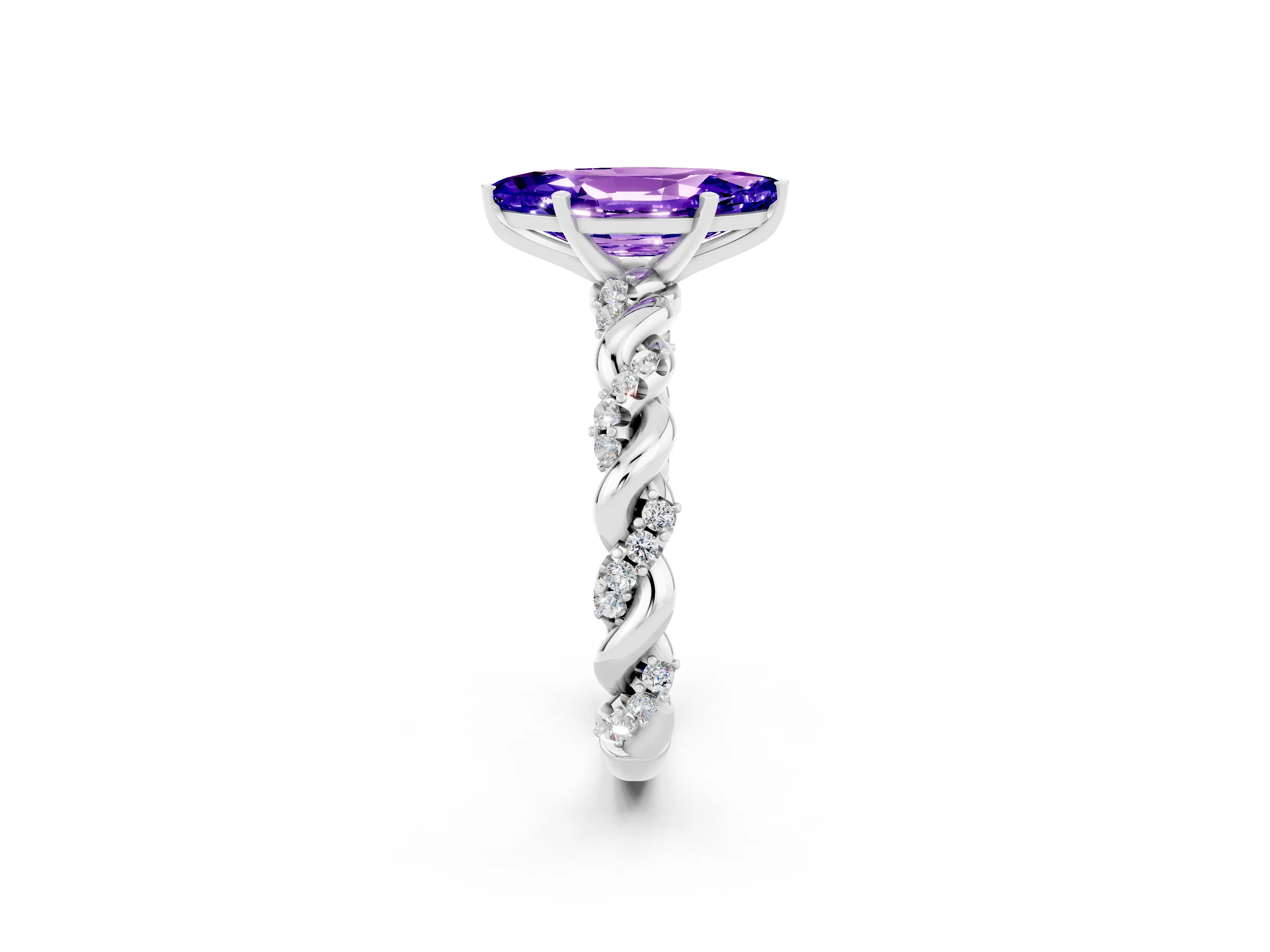 White gold Marquise Cut Tanzanite Solitaire Ring with Twisted Band and Pavé Accents_2