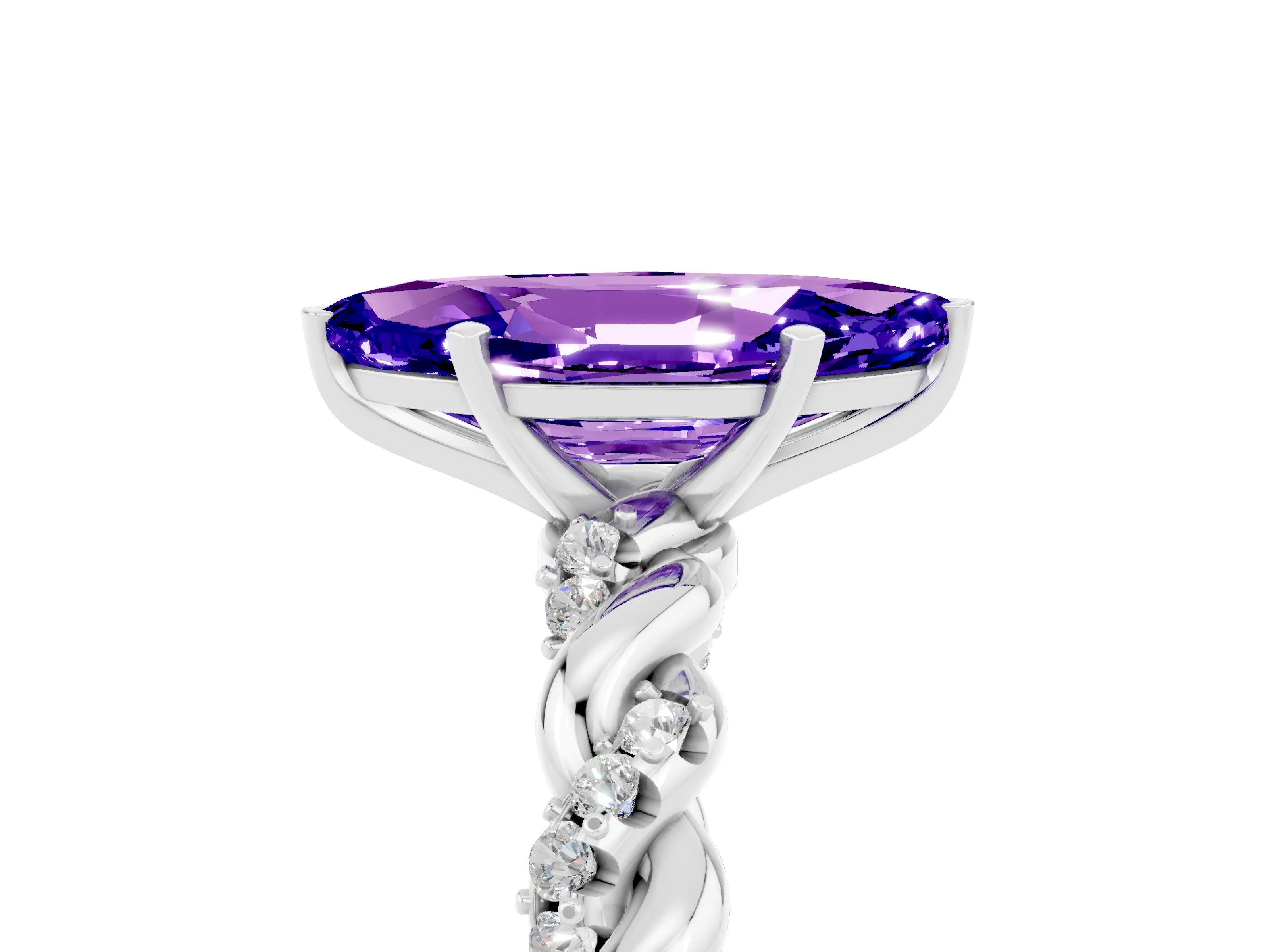 White gold Marquise Cut Tanzanite Solitaire Ring with Twisted Band and Pavé Accents_5