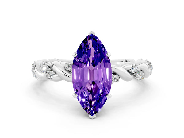 White gold Marquise Cut Tanzanite Solitaire Ring with Twisted Band and Pavé Accents