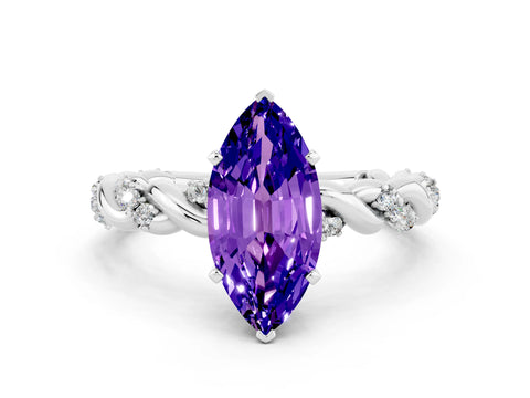 White gold Marquise Cut Tanzanite Solitaire Ring with Twisted Band and Pavé Accents