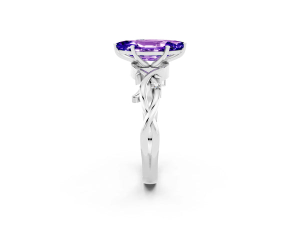 White gold Marquise Cut Tanzanite Solitaire Ring with Twisted Band and Prong Setting