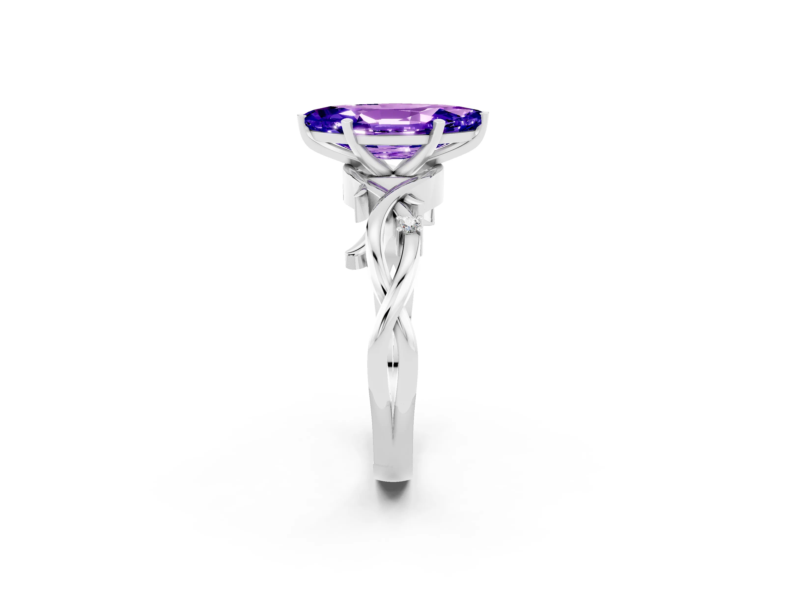 White gold Marquise Cut Tanzanite Solitaire Ring with Twisted Band and Prong Setting_2