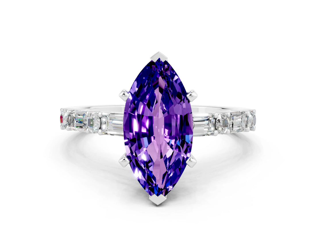 White gold Marquise Cut Tanzanite Solitaire with Side Baguettes and Channel Set Band
