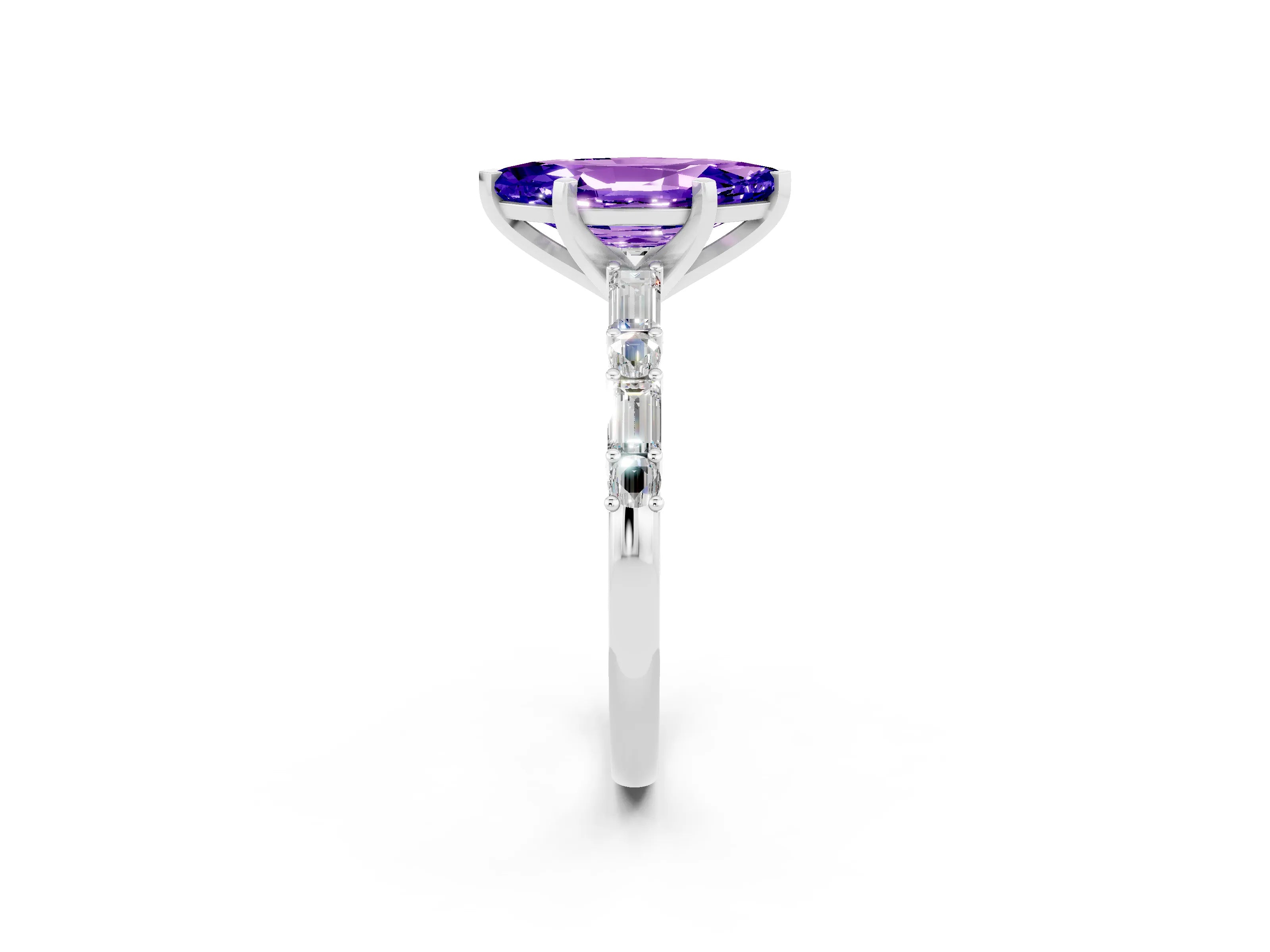 White gold Marquise Cut Tanzanite Solitaire with Side Baguettes and Channel Set Band_2