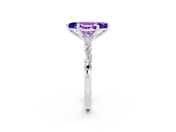 Silver Marquise Cut Tanzanite Solitaire with Side Baguettes and Channel Set Band