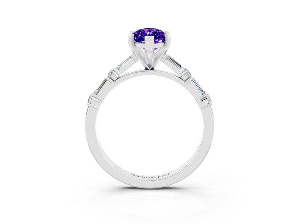 Silver Marquise Cut Tanzanite Solitaire with Side Baguettes and Channel Set Band