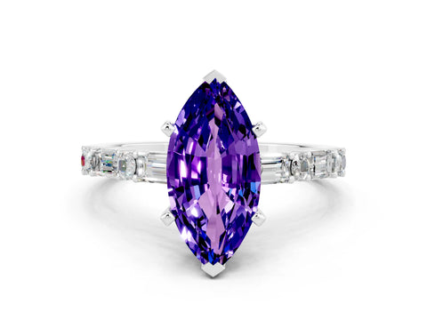 White gold Marquise Cut Tanzanite Solitaire with Side Baguettes and Channel Set Band