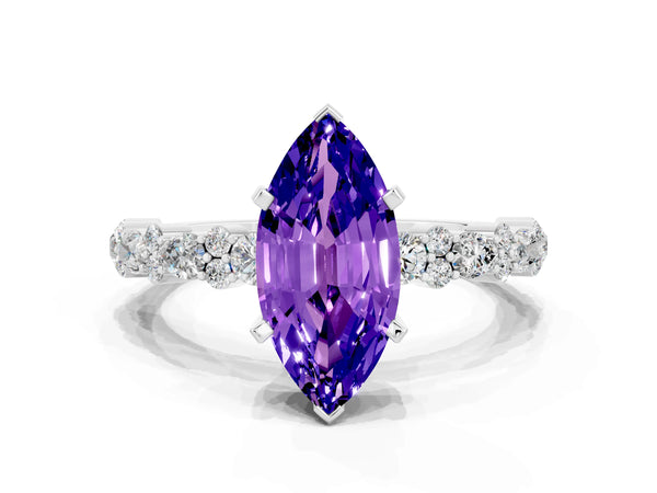 Platinum Marquise Cut Tanzanite Side Stone Solitaire Ring with Round  and Four-Prong Setting