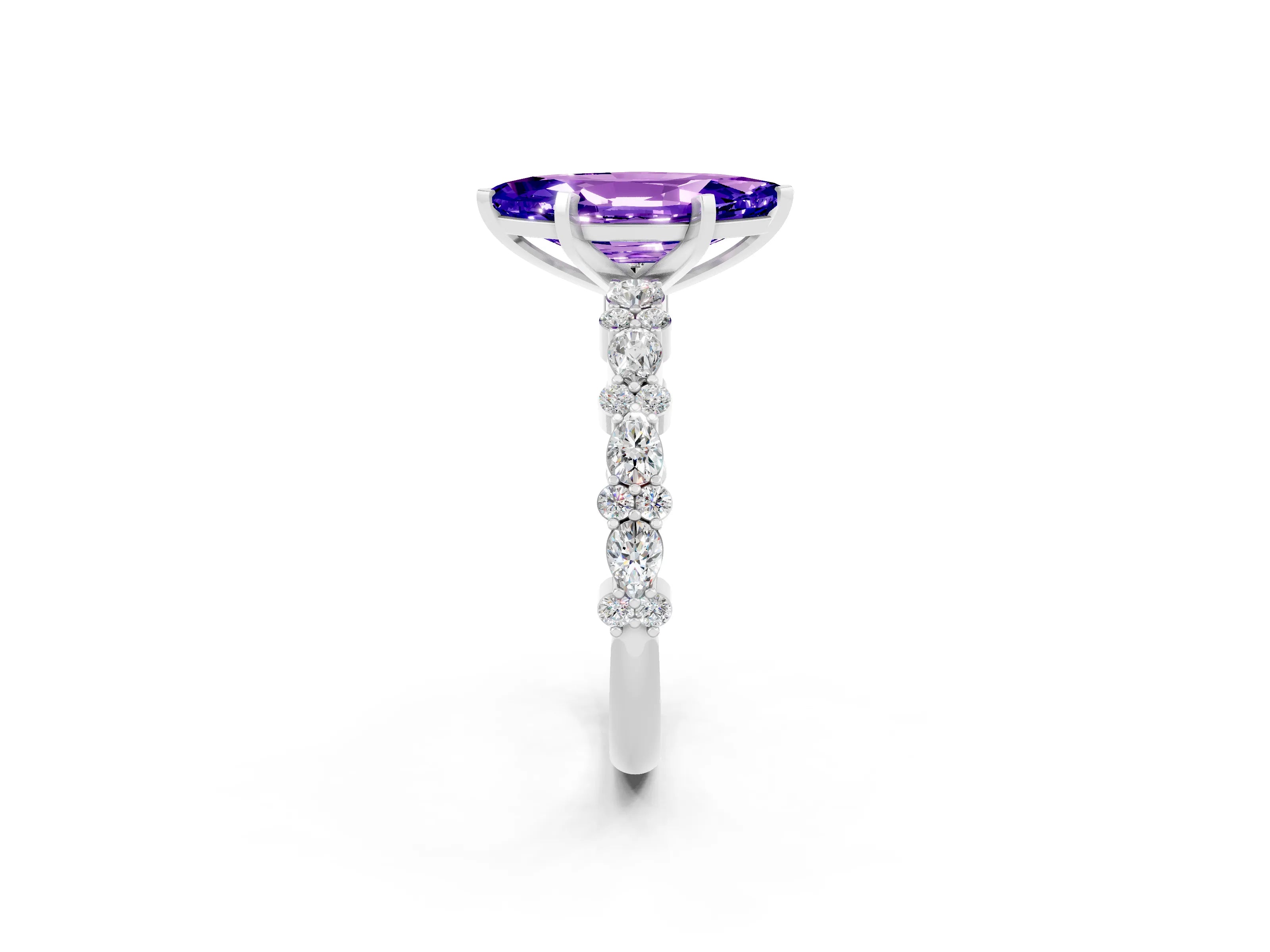 White gold Marquise Cut Tanzanite Solitaire with Side Stones, Pave Band, Four-Prong Setting_38