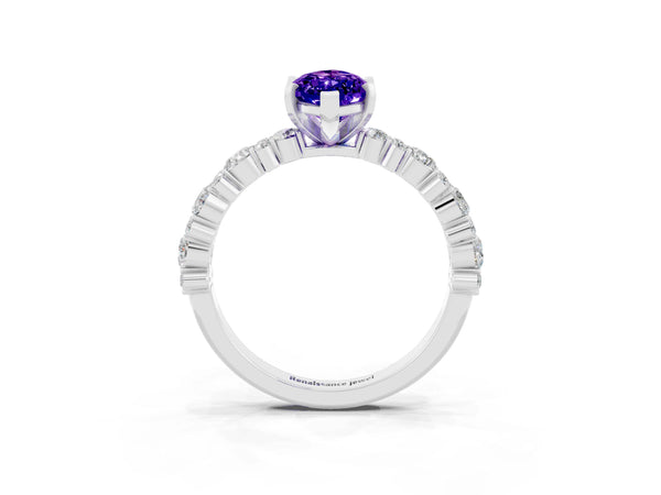 Silver Marquise Cut Tanzanite Side Stone Solitaire Ring with Round  and Four-Prong Setting