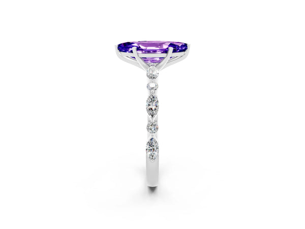 White gold Marquise Cut Tanzanite Ring with Marquise and Round  Side Stones and Four-Prong Setting