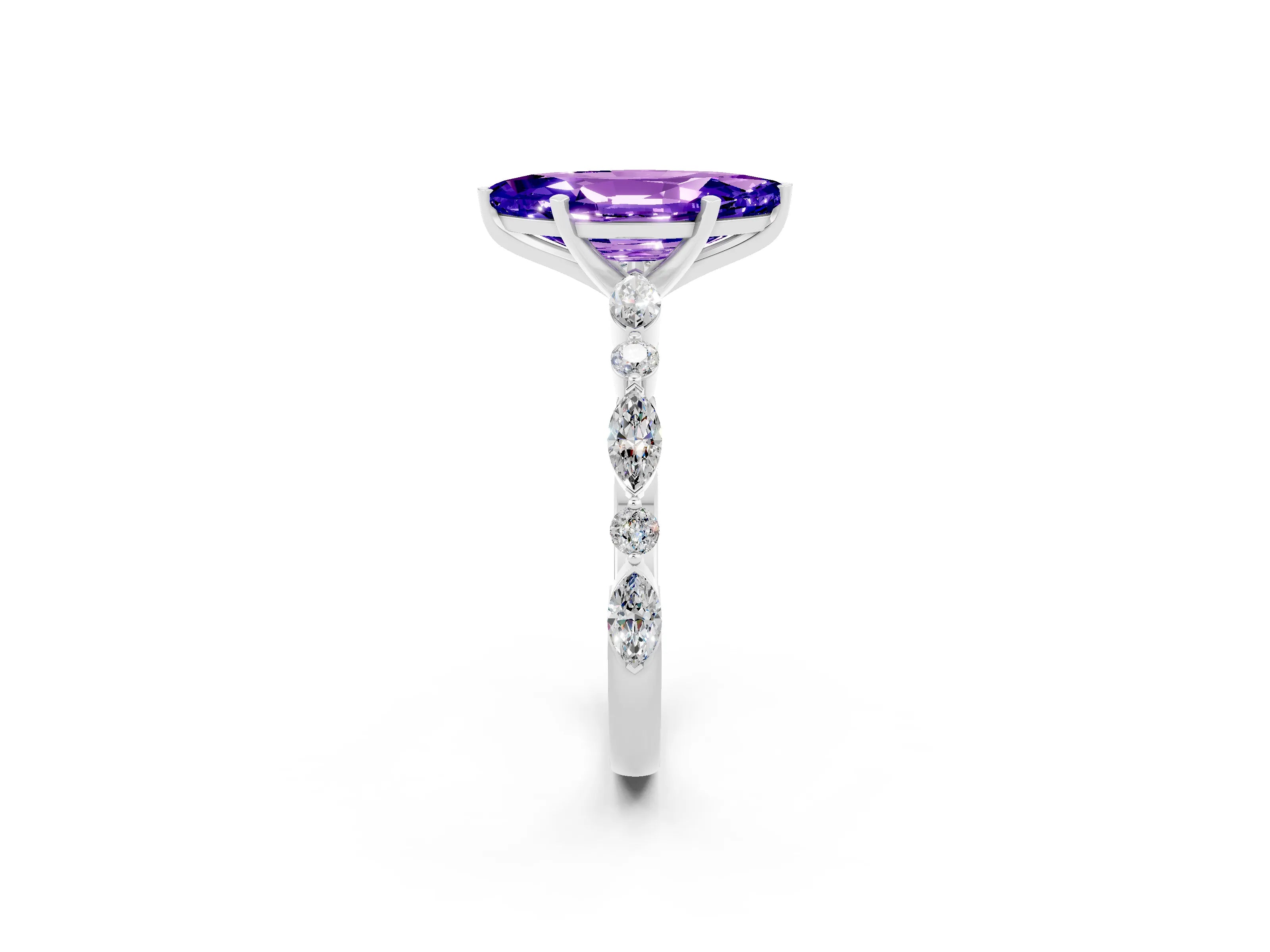 White gold Marquise Cut Tanzanite Solitaire with Side Stones on a Pavé Band and Four-Prong Setting_2