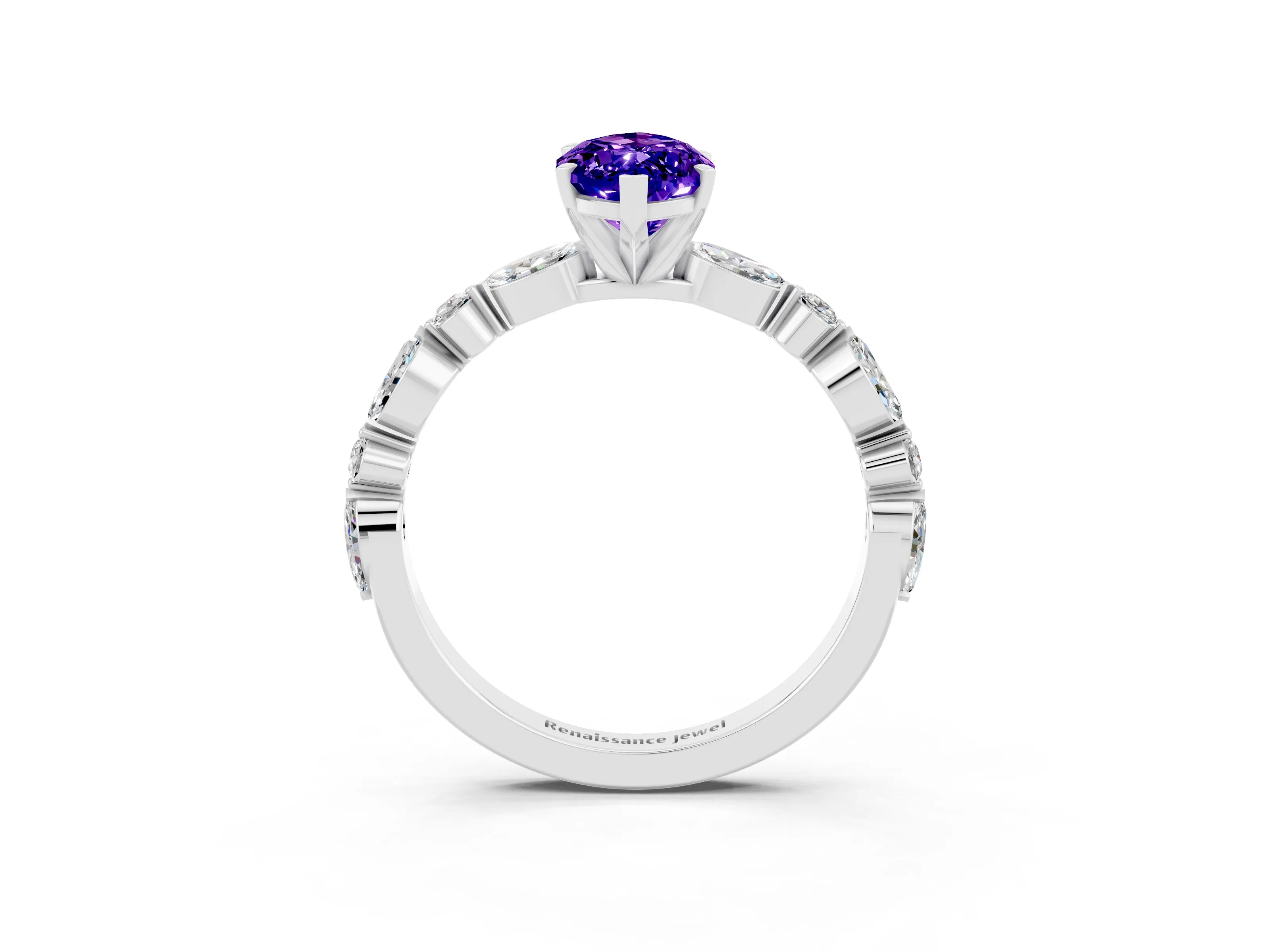 White gold Marquise Cut Tanzanite Solitaire with Side Stones on a Pavé Band and Four-Prong Setting_3