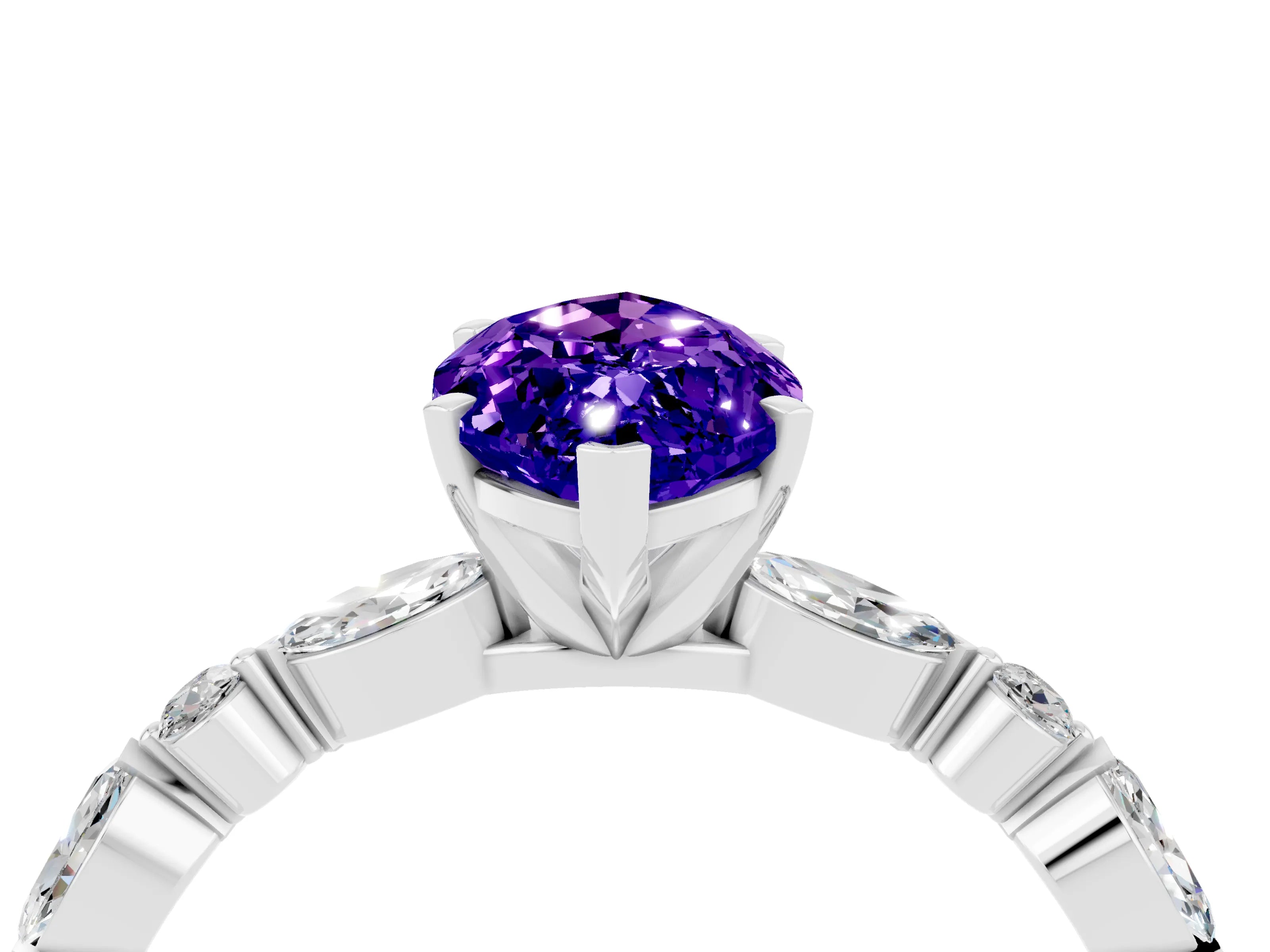 White gold Marquise Cut Tanzanite Solitaire with Side Stones on a Pavé Band and Four-Prong Setting_4