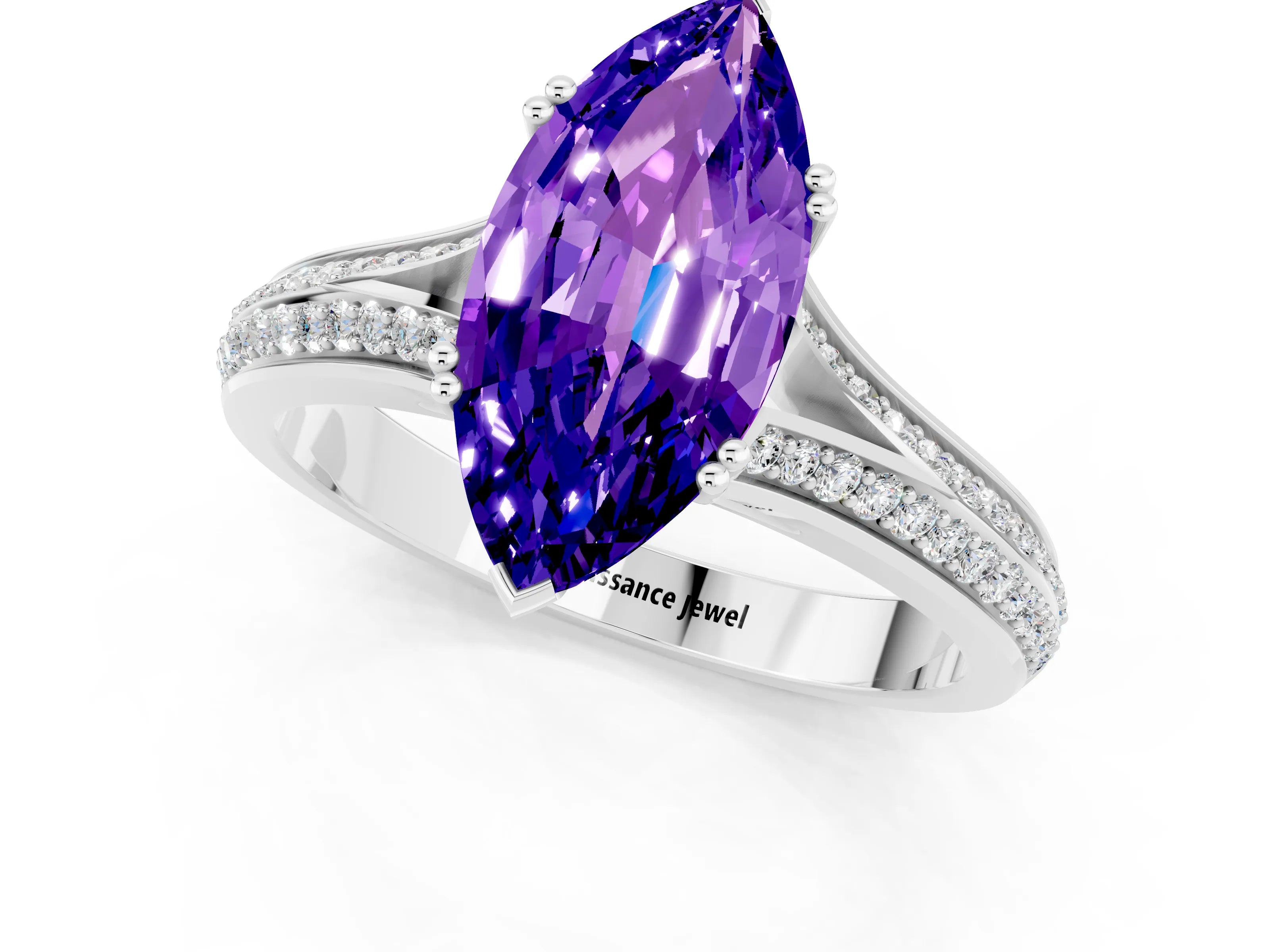 White gold Marquise Cut Tanzanite Split Shank Engagement Ring with Pavé Band_1