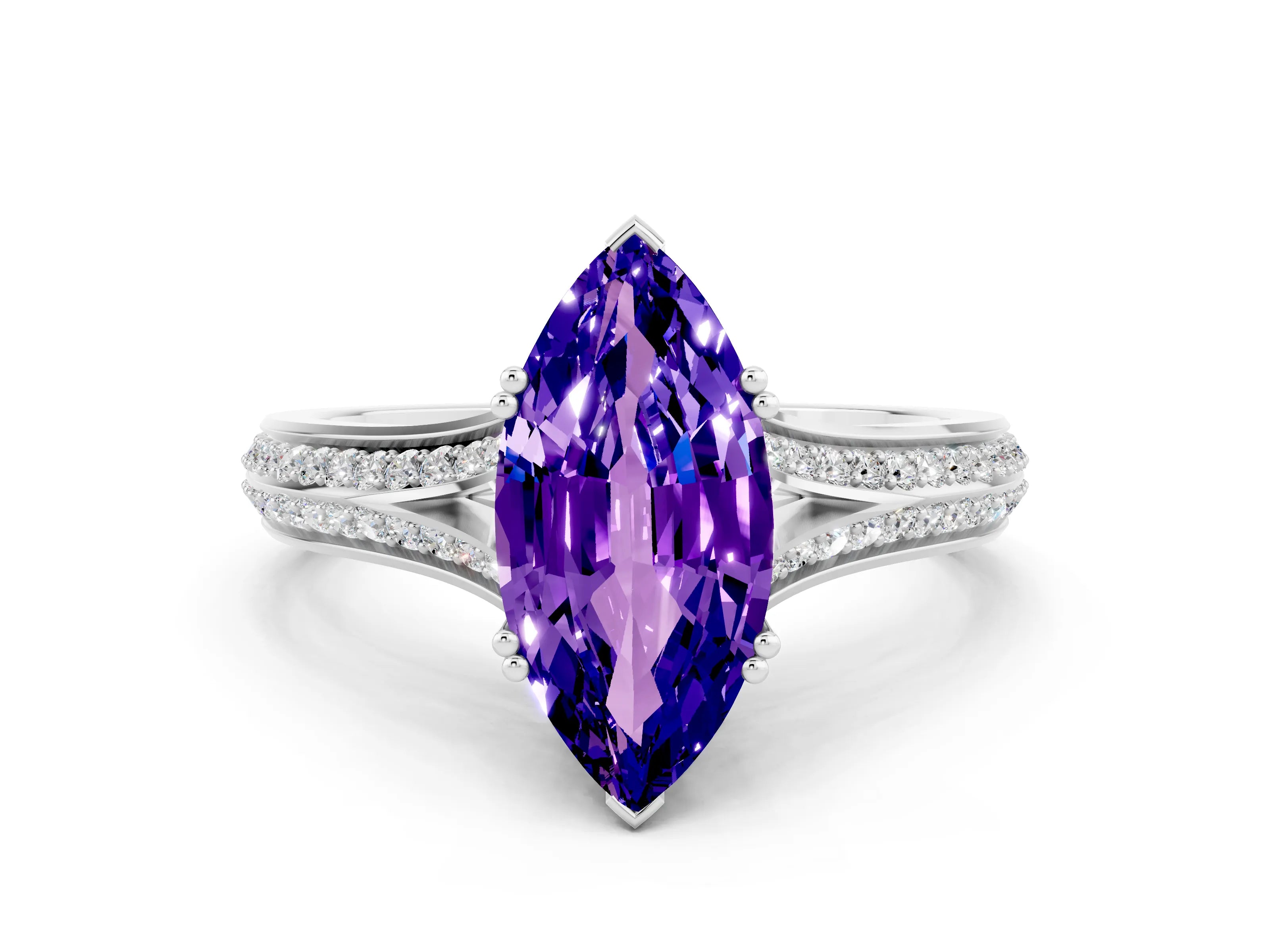 White gold Marquise Cut Tanzanite Split Shank Engagement Ring with Pavé Band