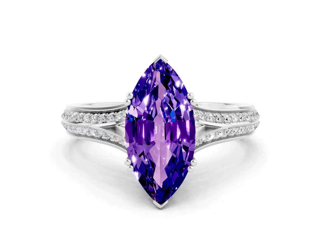 White gold Marquise Cut Tanzanite Split Shank Engagement Ring with Pavé Band