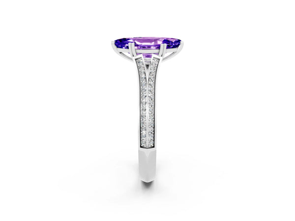 Silver Marquise Cut Tanzanite Split Shank Engagement Ring with Pavé Band