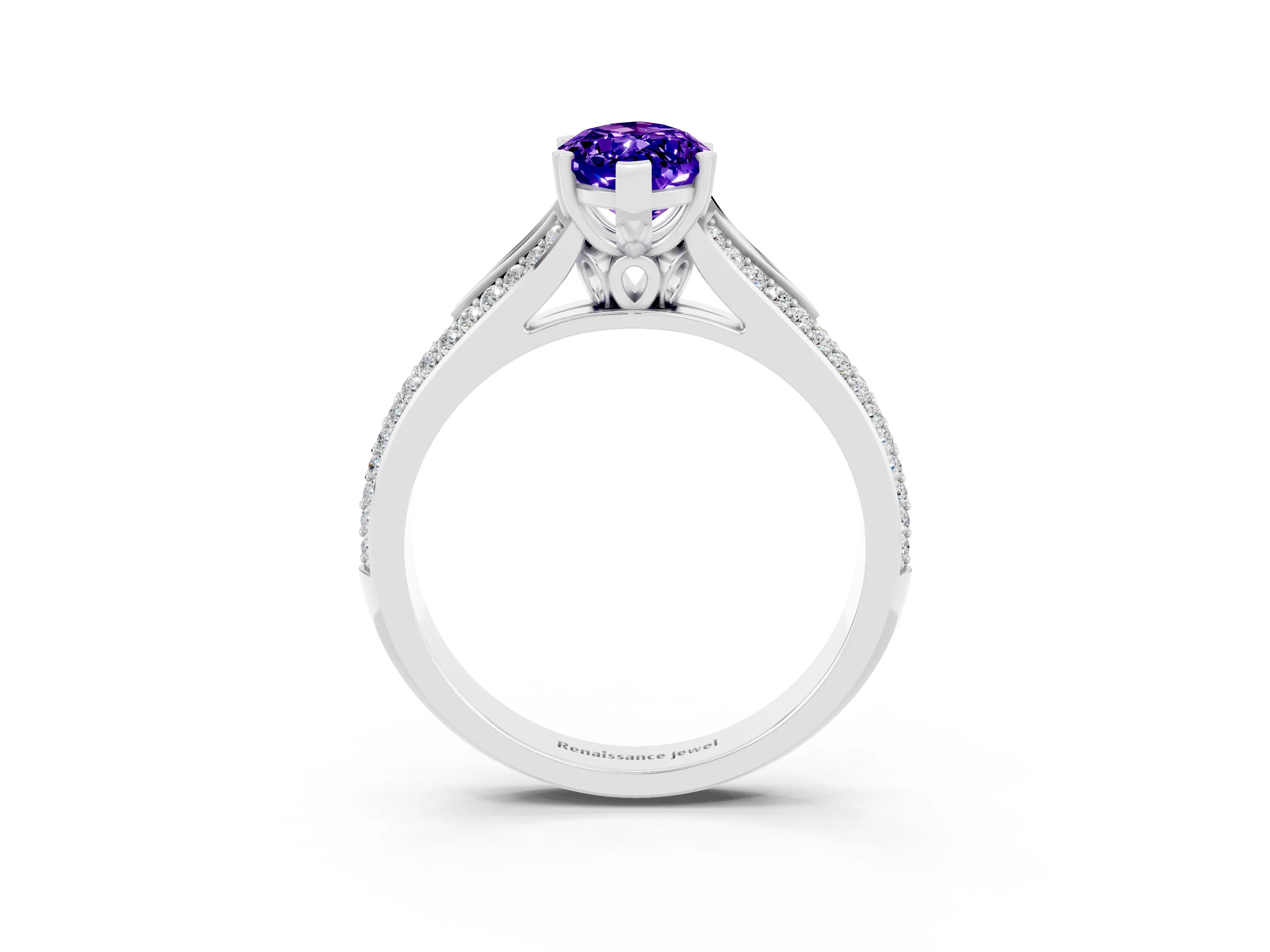 White gold Marquise Cut Tanzanite Split Shank Engagement Ring with Pavé Band_3
