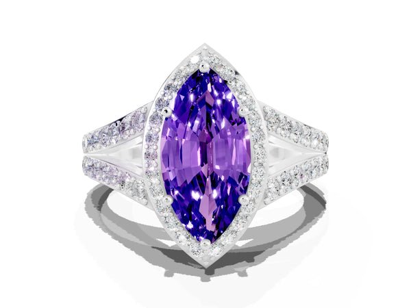 Platinum Marquise Cut Tanzanite Split Shank Halo Ring with Four-Prong Setting