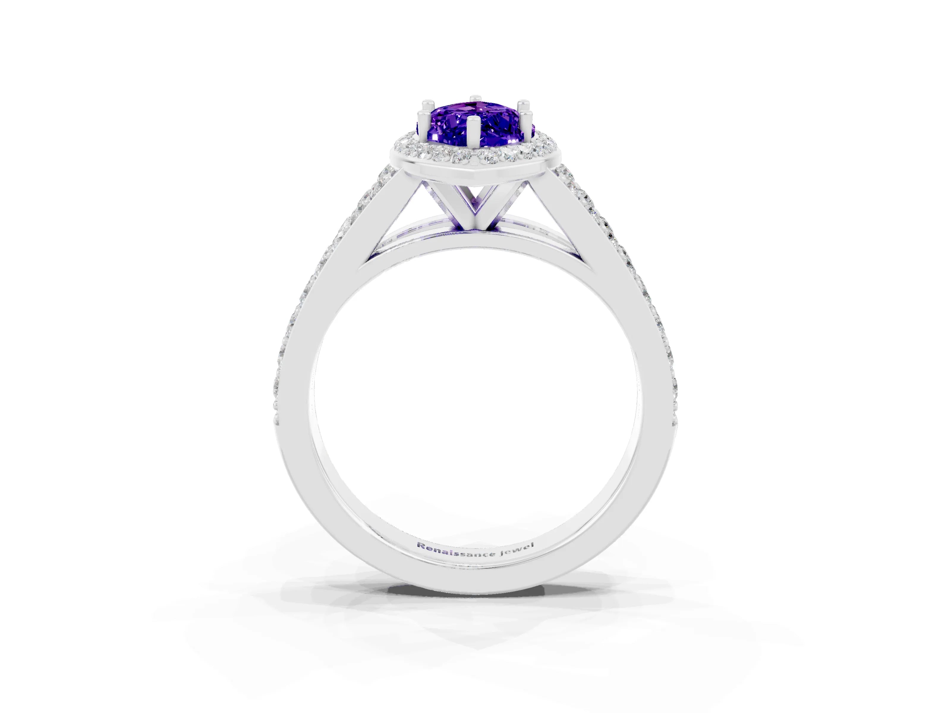 White gold Marquise Cut Tanzanite Split Shank Halo Ring with Four-Prong Setting_15